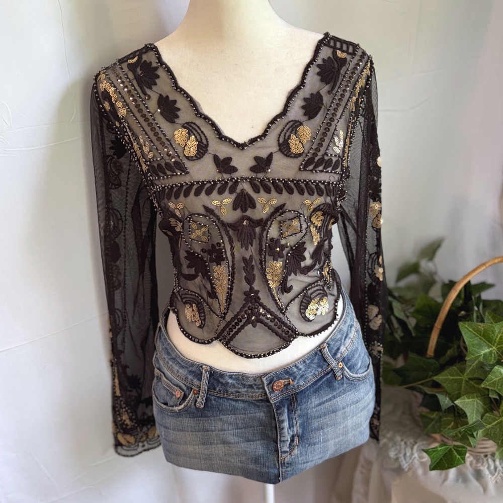 Whimsical Gothic Y2K Black Sheer Mesh Sequin Beaded Crop Top Long Sleeve S